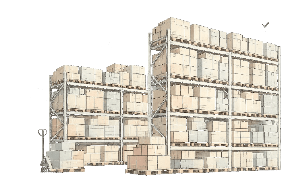 Illustratie van een magazijn met palletstellingen en voorraad